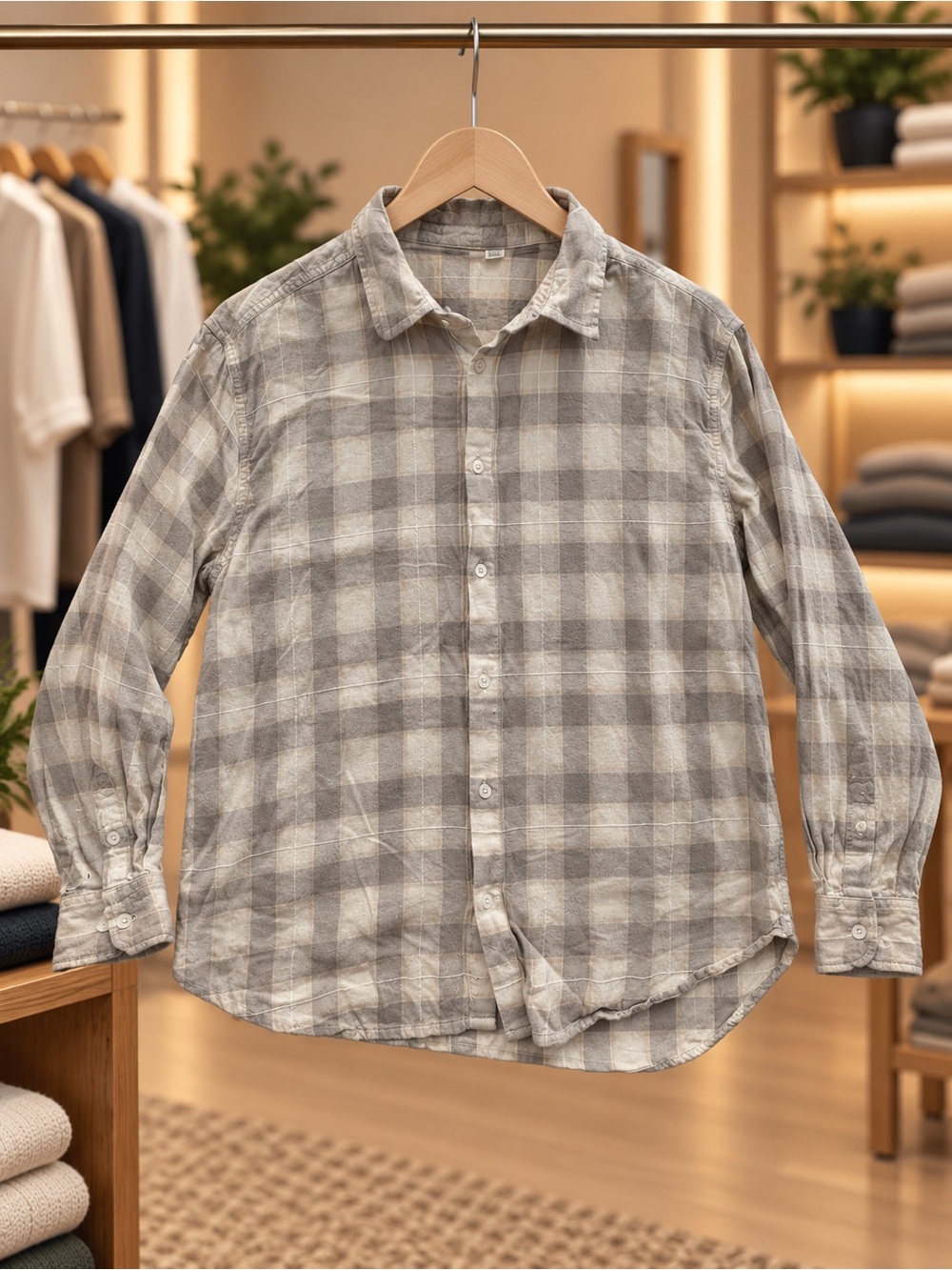 BDG Beige and Gray Plaid Button-Down Shirt